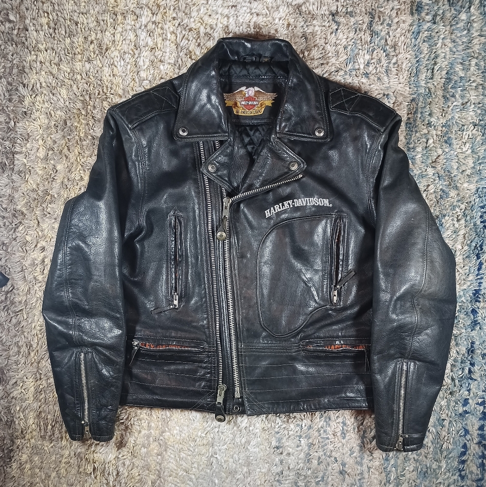 Vintage Harley Davidson Leather Jacket D Pocket Embroidered Double Zipper